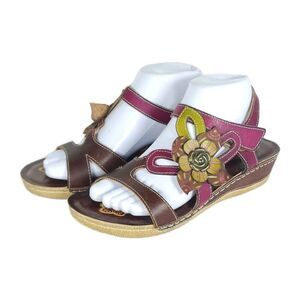 L'artiste Spring Step Women's Felagia US8,5 Brown Leather Floral Wedge sandal
